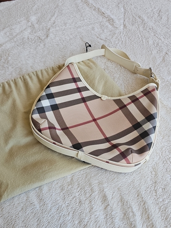 Burberry Handbags - BURBERRY Vintage House Check White Leather Hobo Shoulder Bag with Dust Bag